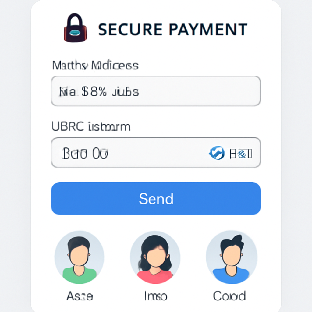 A secure payment screen with fields for wallet address and USDC amount, showing a list of recipients