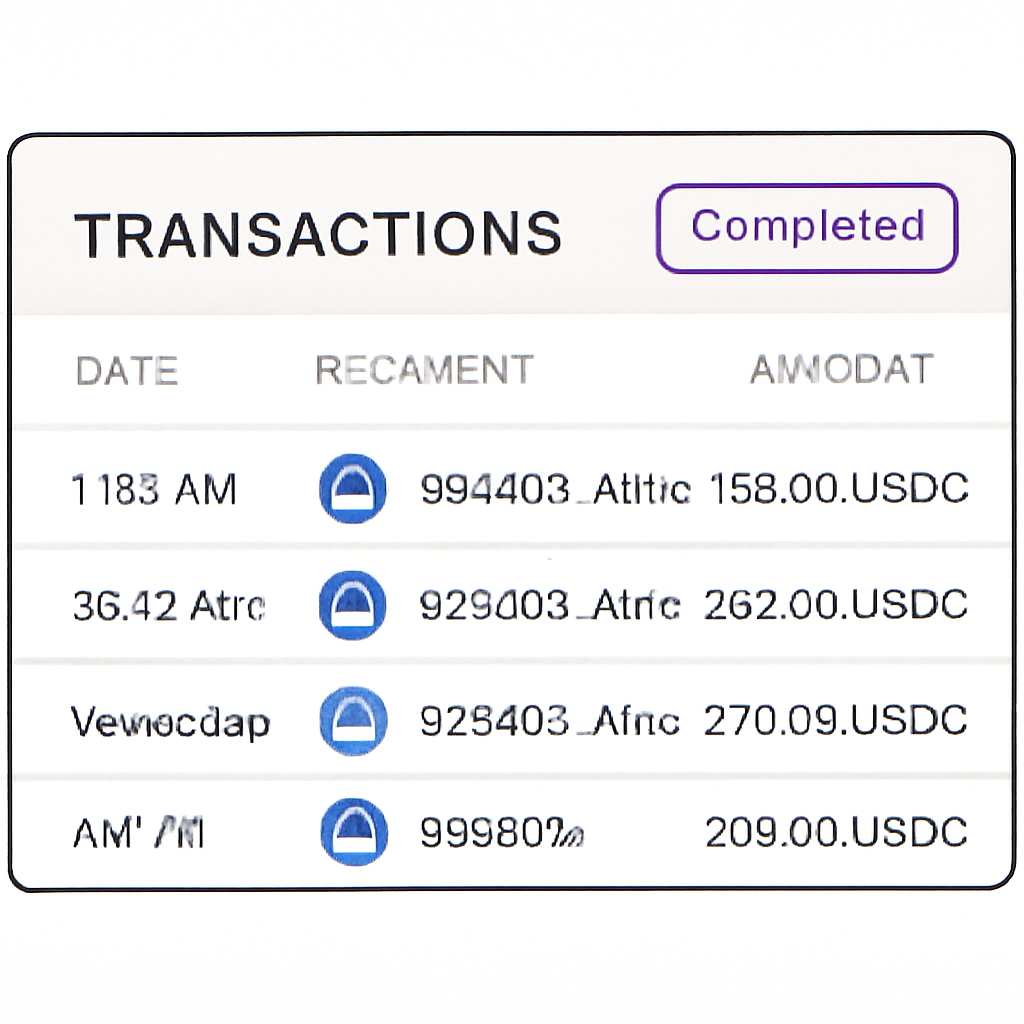 A digital ledger or dashboard showing completed USDC transactions with timestamps and recipient info