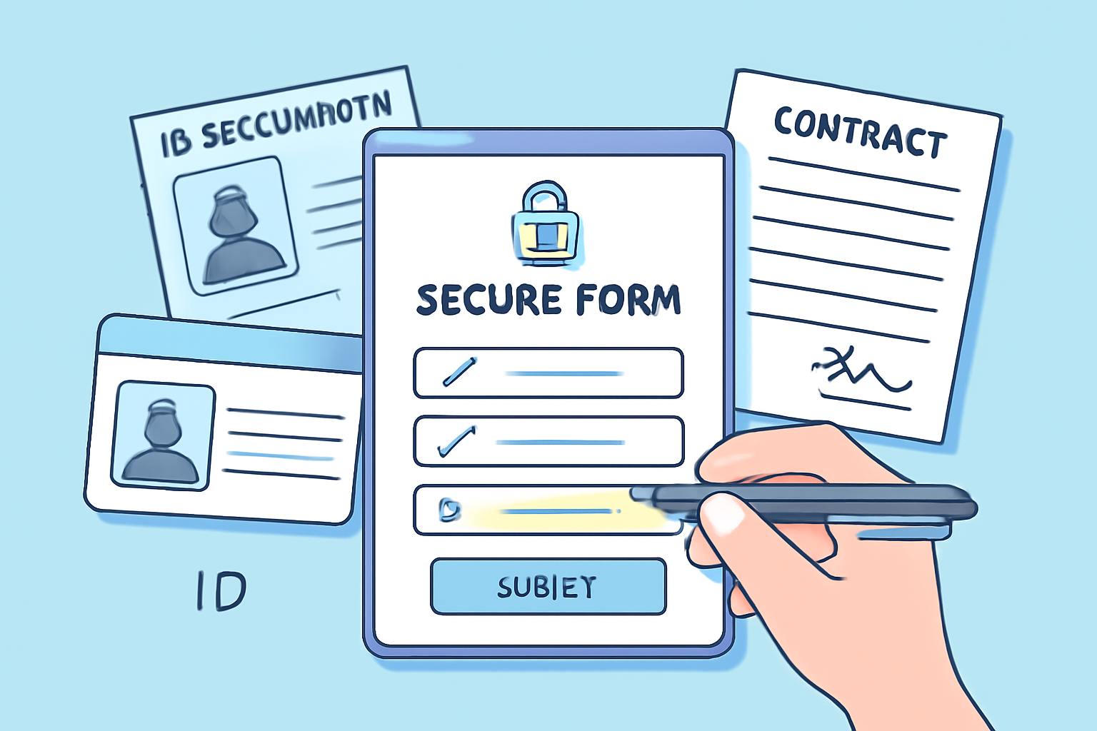 A secure digital form being filled out with ID documents and contract papers visible