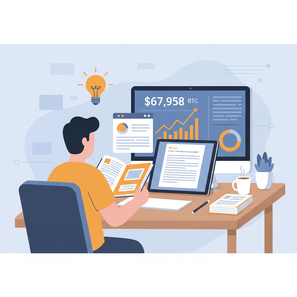 beginner reading Bitcoin whitepaper at desk with charts showing $67,958 price, educational vibe, clean modern style