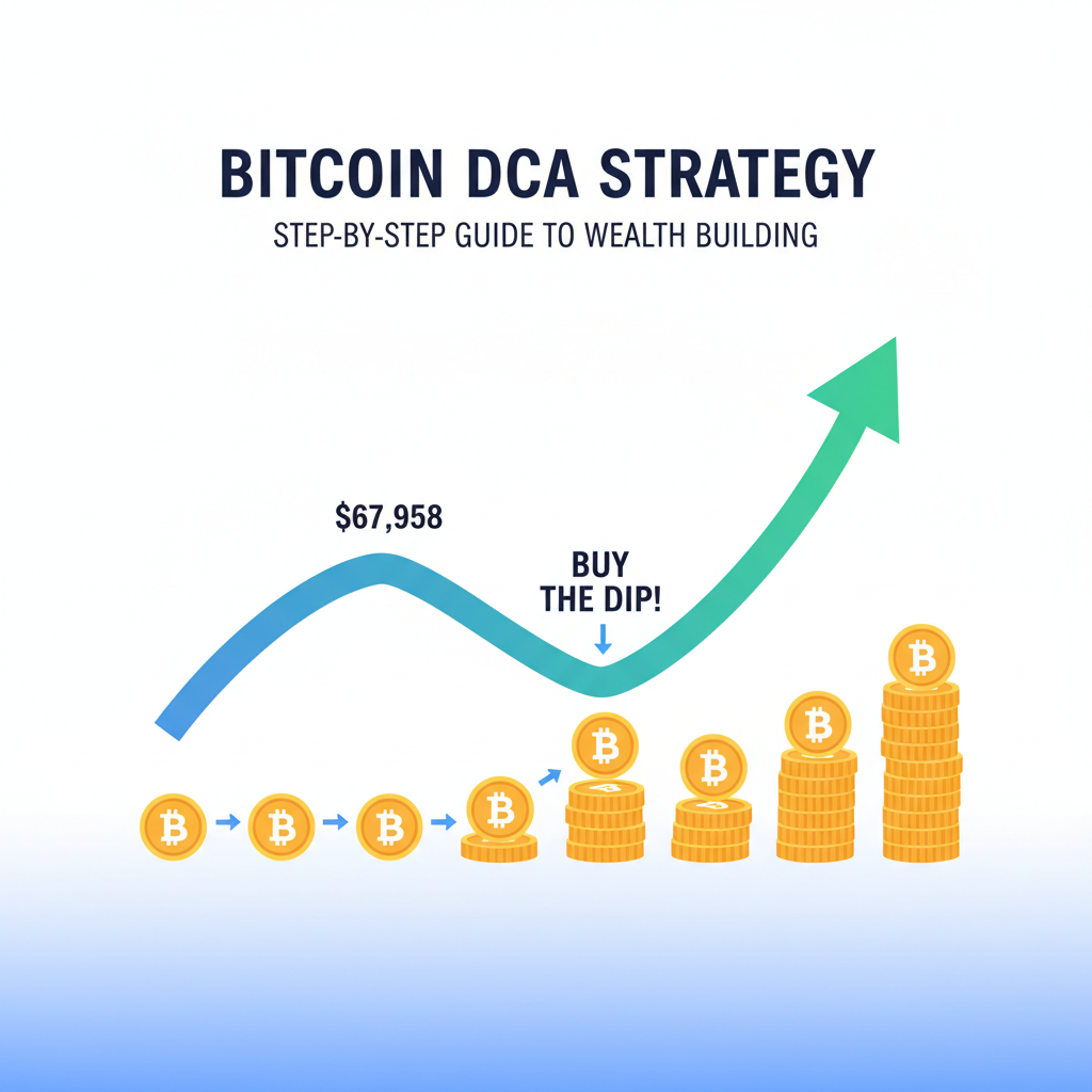 DCA chart buying Bitcoin dip at $67,958, upward arrow trend, coins stacking over time, motivational graph style