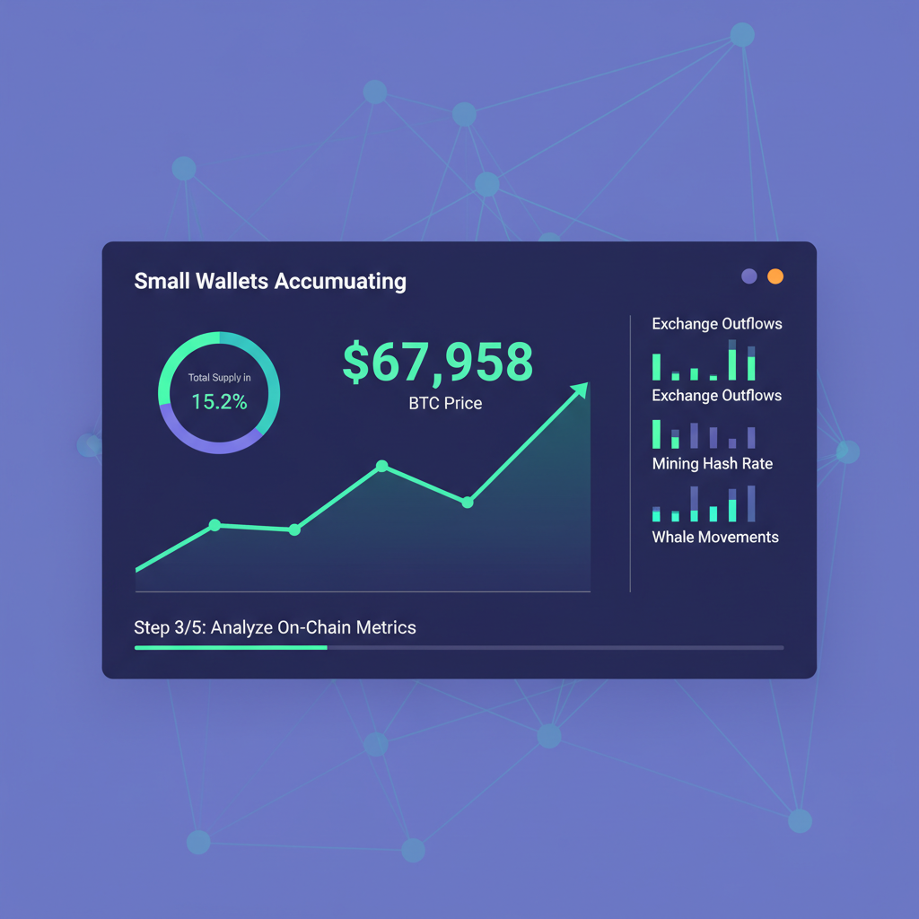 dashboard monitoring Bitcoin on-chain data, small wallets accumulating graph at $67,958, analytics screens, futuristic UI