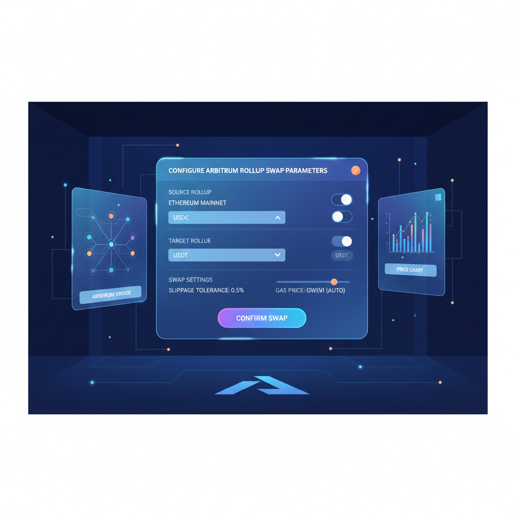 configuring Arbitrum target rollup swap parameters on DEX dashboard, holographic UI elements