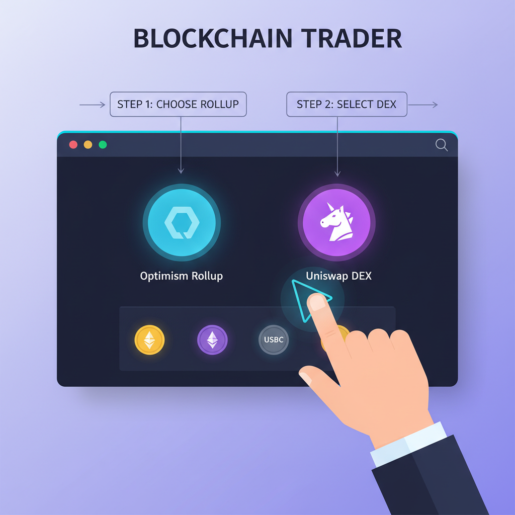 blockchain trader selecting Optimism rollup and Uniswap DEX on sleek web interface, glowing asset icons
