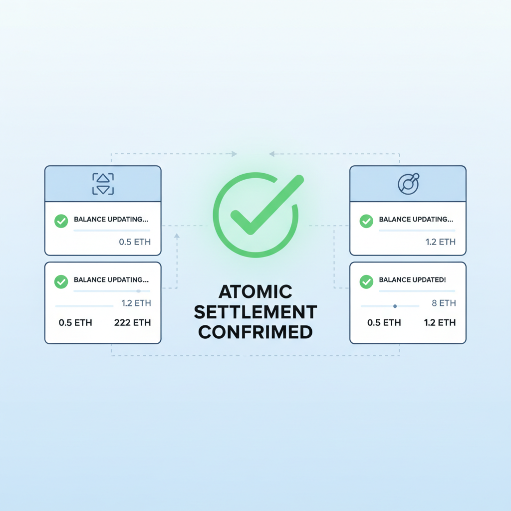 successful atomic settlement confirmation, balances updating on multiple L2 explorers, green checkmarks