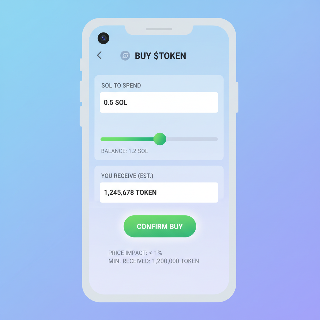 Pump.fun buy screen on Saga phone, SOL input slider, confirm button highlighted