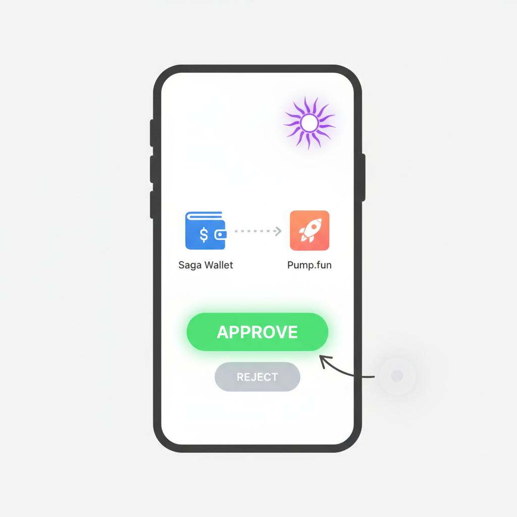 Saga phone wallet connection screen to Pump.fun, green approve button, Solana logo glowing
