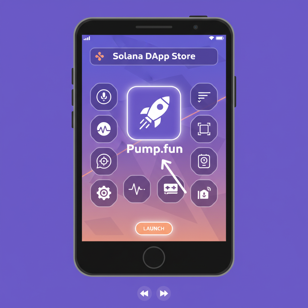 Solana Saga phone screen showing Pump.fun app launch from DApp Store, futuristic mobile interface, vibrant Solana branding