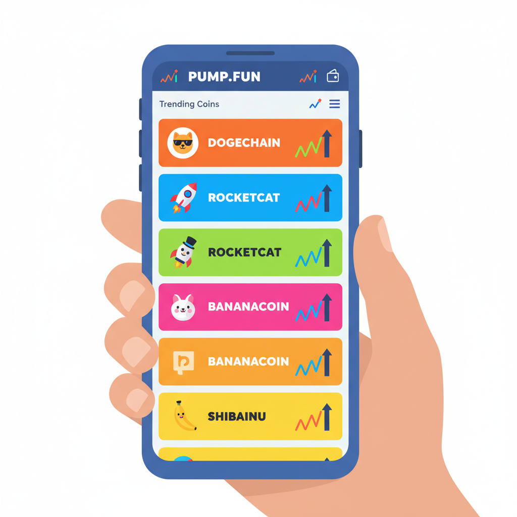 Pump.fun mobile feed on Saga phone, colorful memecoin cards scrolling, volume charts spiking
