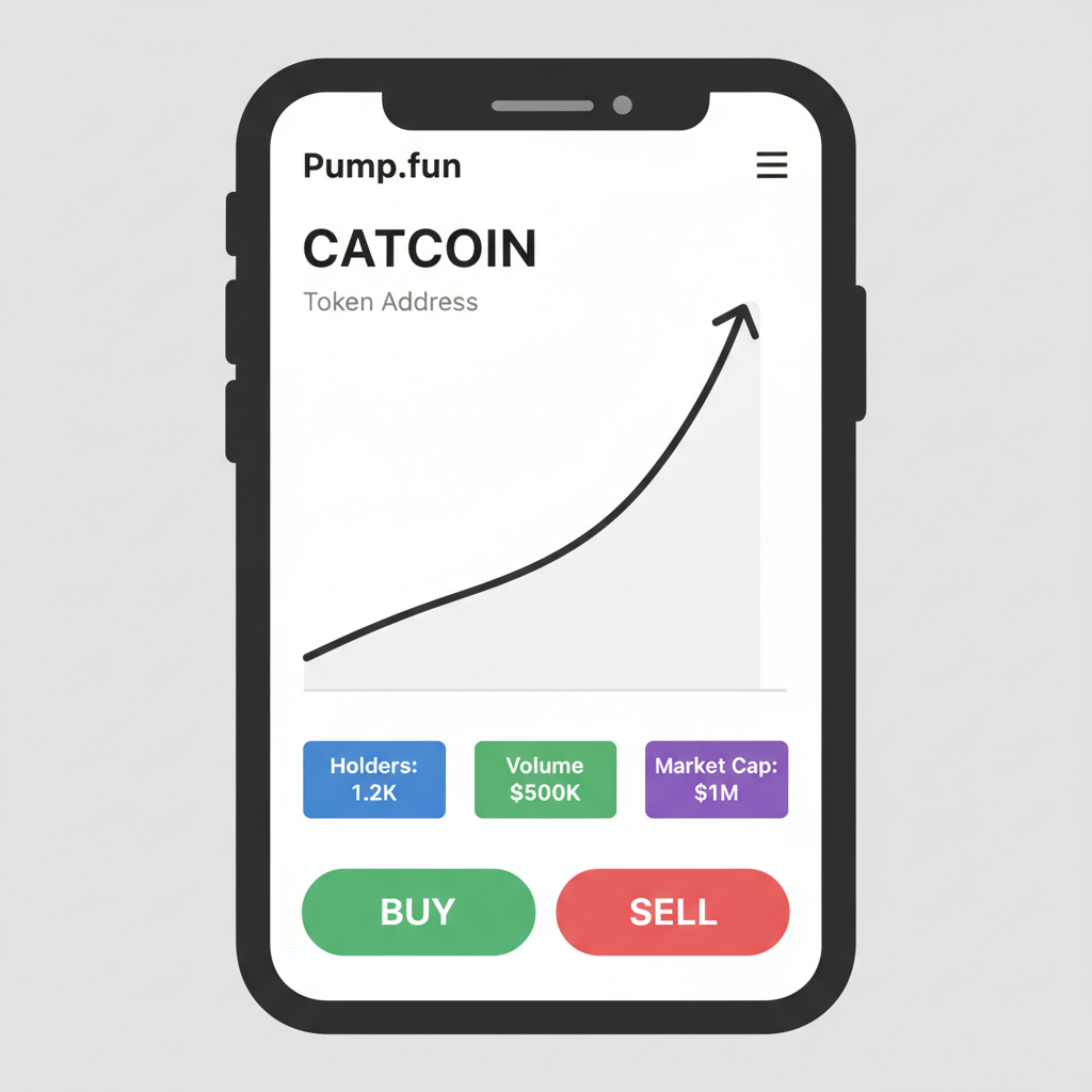 Close-up Pump.fun coin detail page on mobile, bonding curve graph, metrics like holders and volume