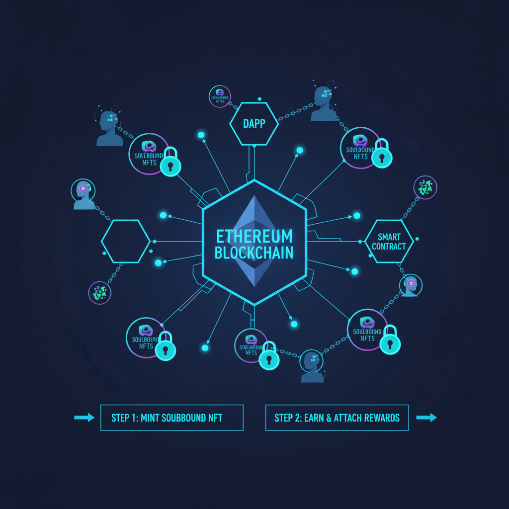 Ethereum blockchain network diagram with soulbound NFT icons, glowing locks symbolizing non-transferable, cyberpunk style