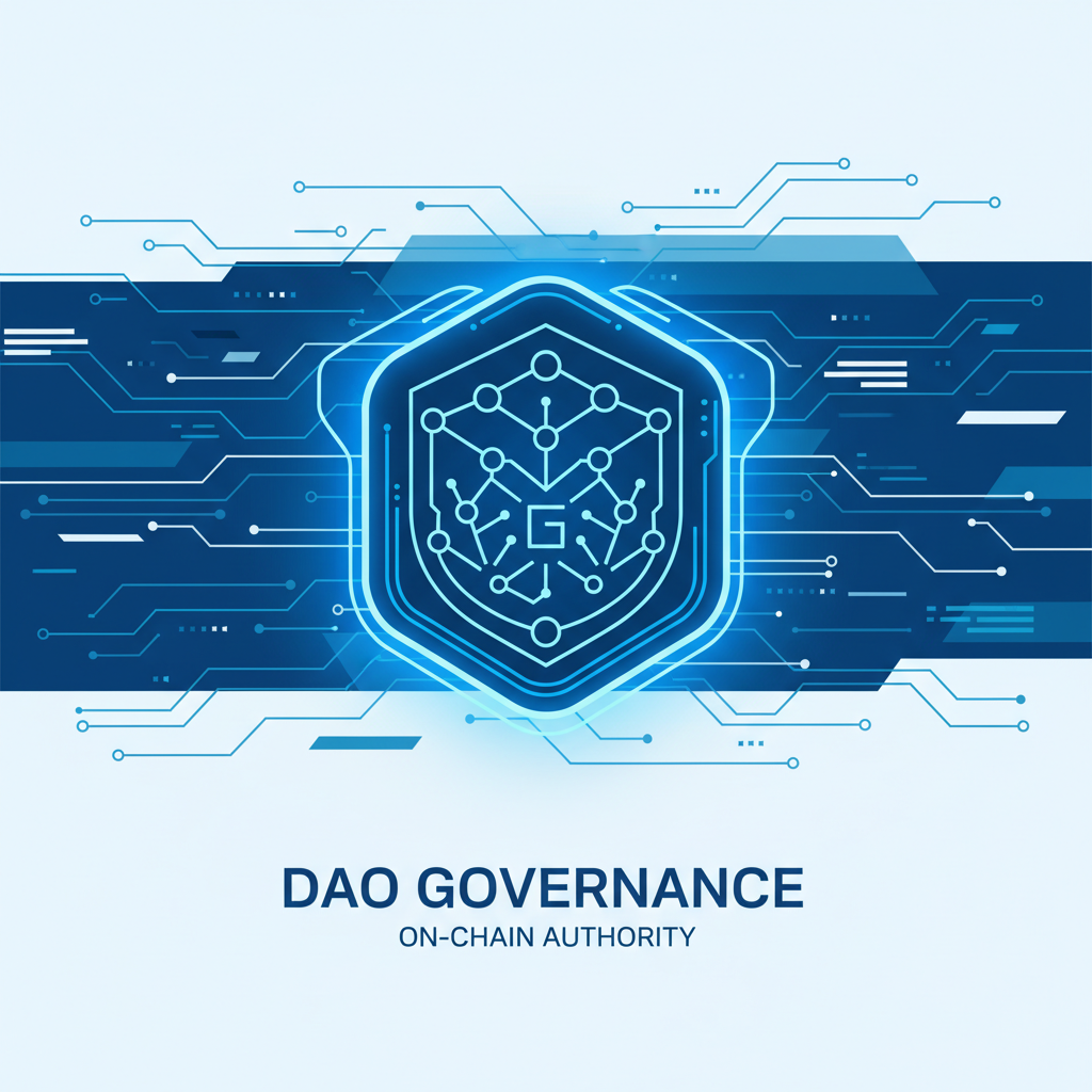 sleek digital badge NFT design for DAO governance, futuristic blue glow, on-chain data visualization background