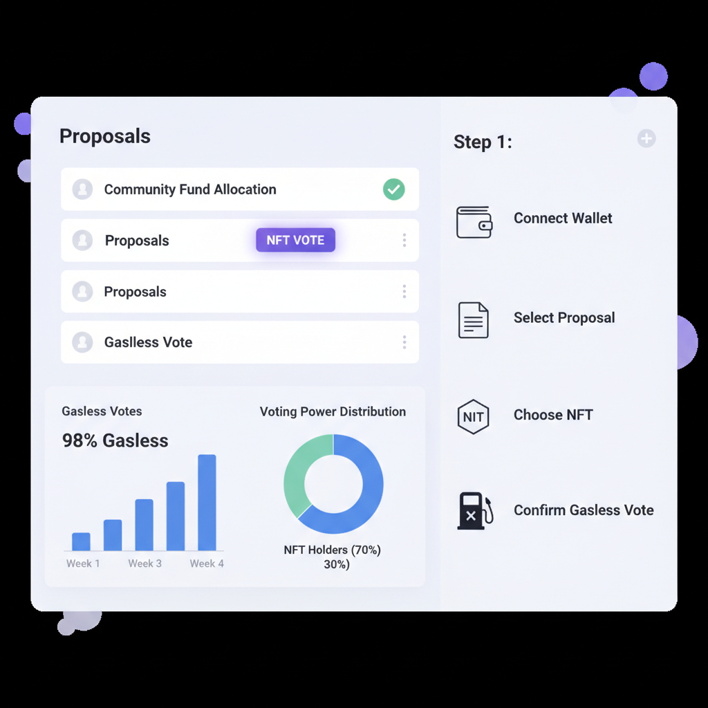 Snapshot.org dashboard with NFT voting integration, graphs showing gasless votes, clean UI web3 interface