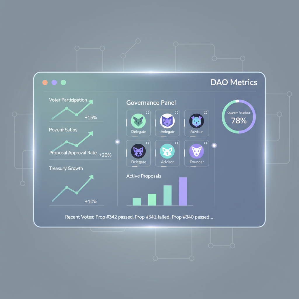 DAO dashboard monitoring voter metrics, rising graphs, NFT badges in governance panel, futuristic analytics screen