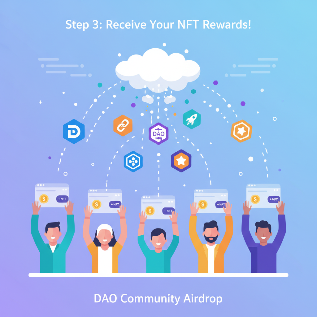 NFT badges airdropping to wallets, explosion of digital credentials, DAO community members receiving, vibrant particle effects