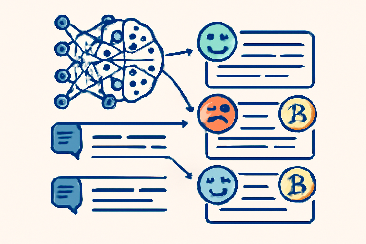 A neural network overlay analyzing streams of social media text, highlighting positive, negative, and neutral sentiments with Bitcoin symbols.