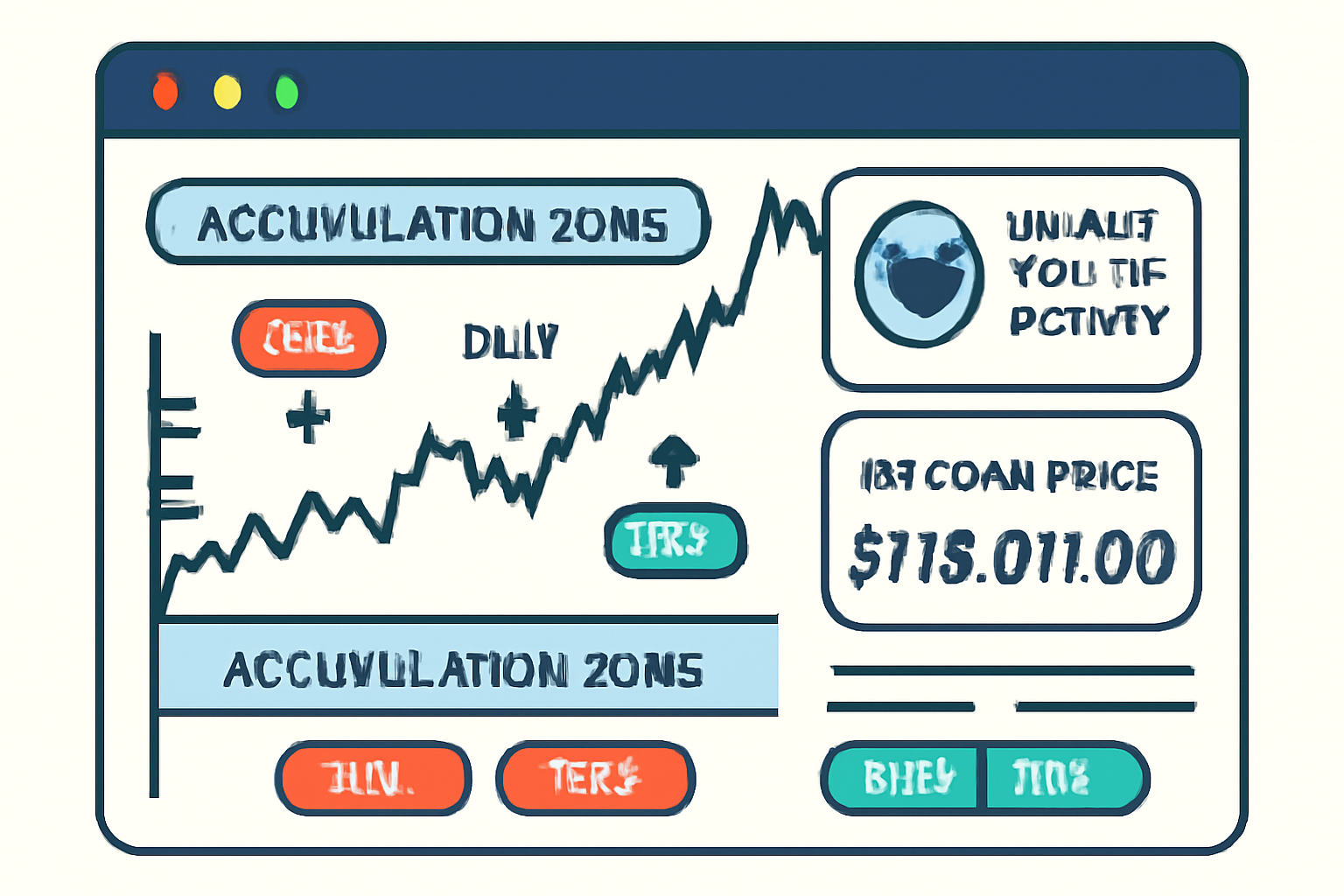 A visualization of a trading platform highlighting accumulation zones, whale wallet activity, and Bitcoin price at $115,811.00, with buy/sell signals.