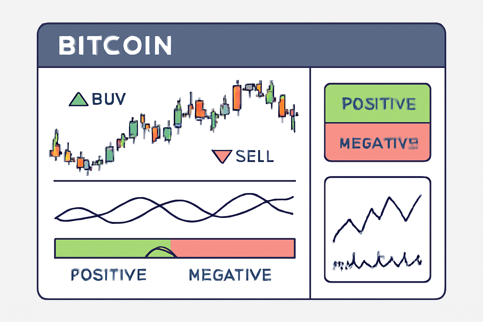 A trading screen with both technical indicator charts and a sentiment analysis overlay, showing Bitcoin price and trend signals.