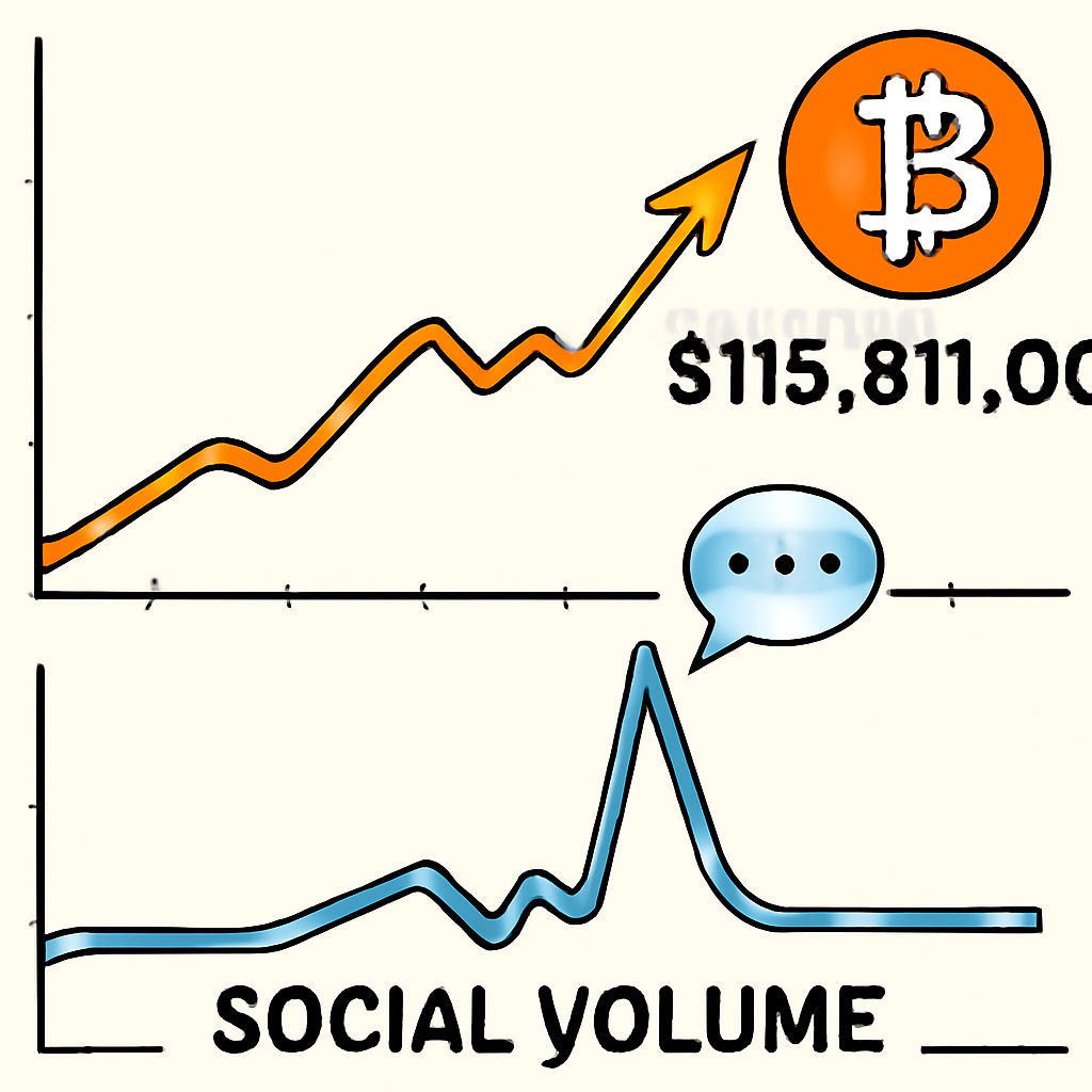 A graph showing a spike in social media mentions alongside a Bitcoin price chart at $115,811.00, indicating a correlation between social volume and price.