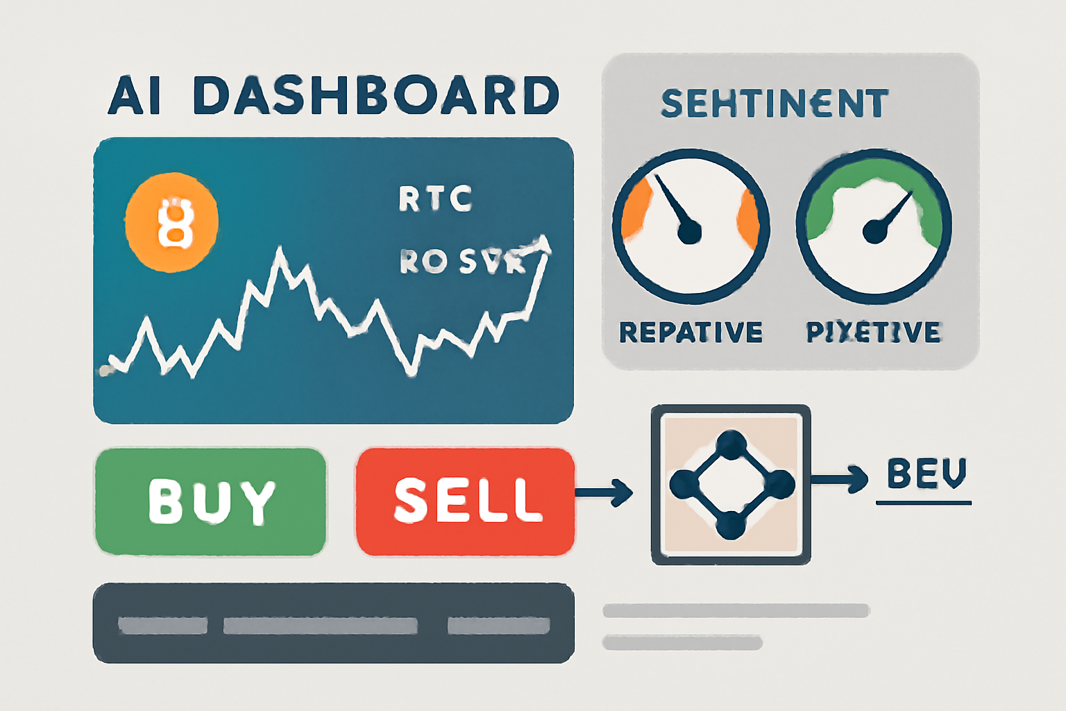 An AI dashboard updating in real time, with Bitcoin price movements and sentiment gauges, showing automated trading decisions being made.