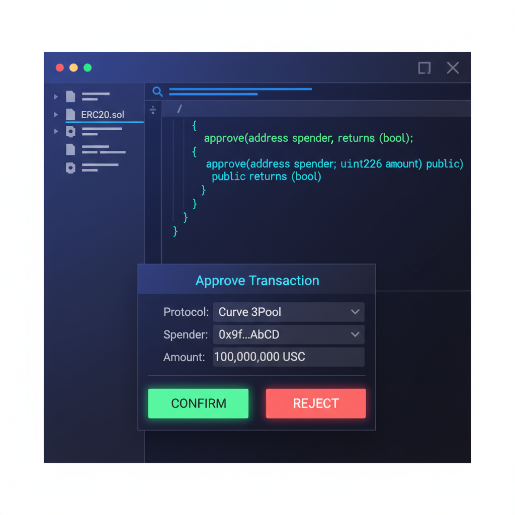 sleek code editor screen showing ERC20 approve transaction for Curve 3Pool, futuristic UI, neon blues and greens