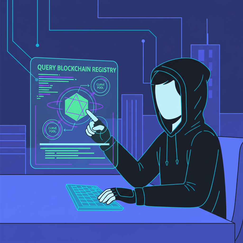 developer querying blockchain registry smart contract, holographic Curve pools floating, cyberpunk style