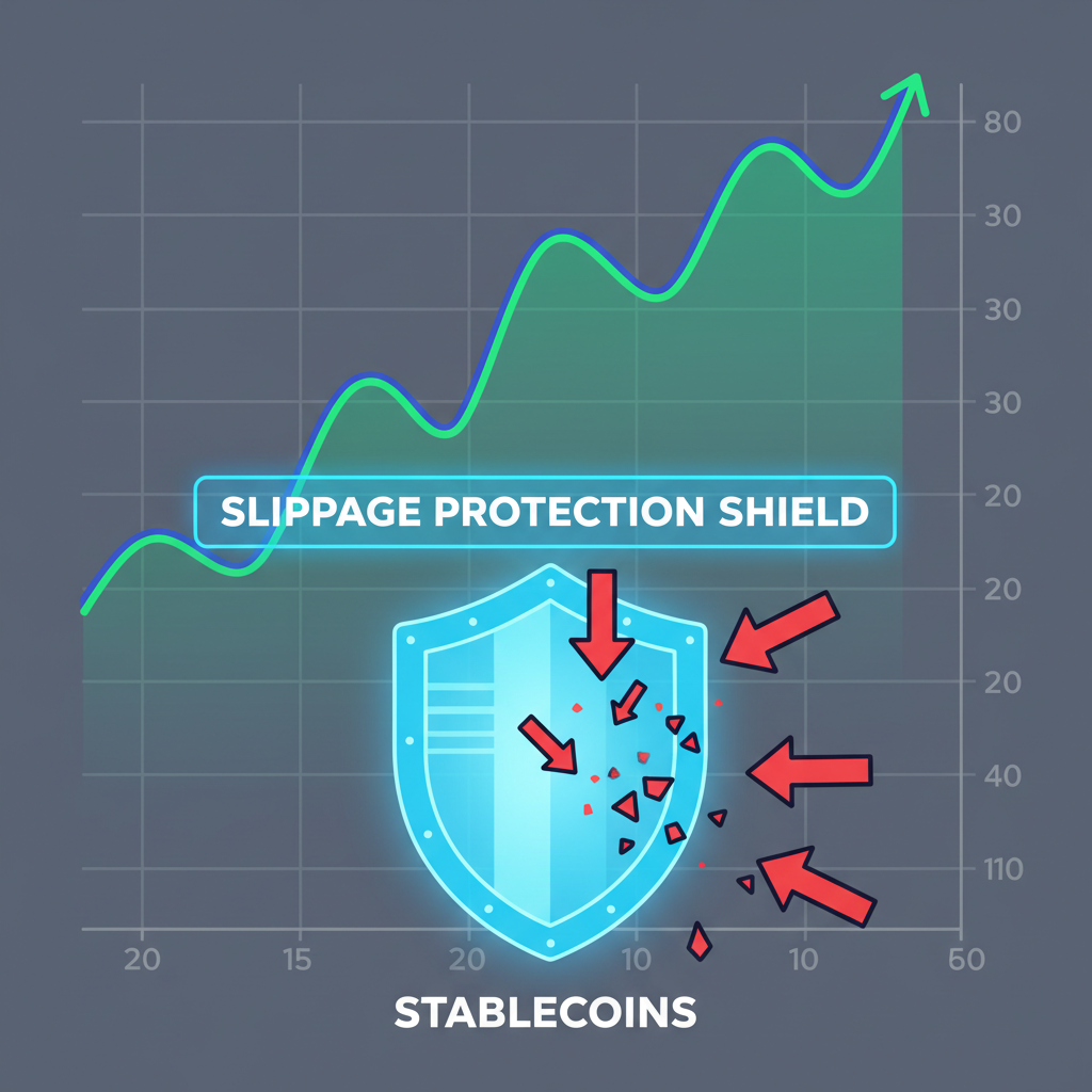 slippage protection shield blocking red arrows in trading chart, Curve graph stablecoins, defensive neon barrier