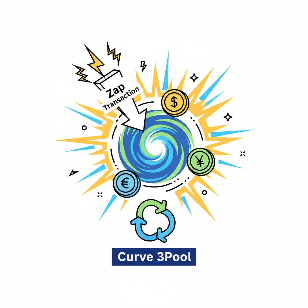 explosive zap transaction graphic entering Curve 3Pool, stablecoins swirling into liquidity vortex, vibrant energy bursts