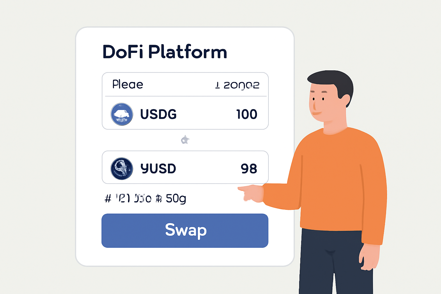 A user swapping USDC for yUSD on a DeFi platform interface, showing the price $1.11 per yUSD, with a reassuring and modern design.