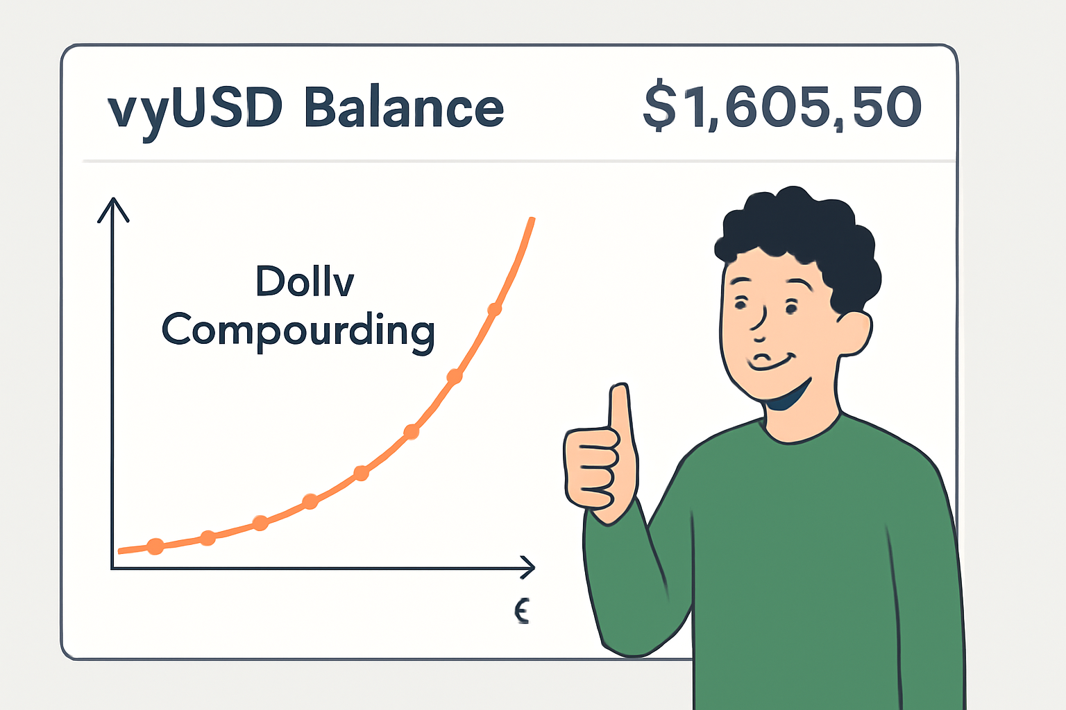 A digital dashboard with vyUSD balance increasing over time, a graph showing daily compounding, and a happy user.