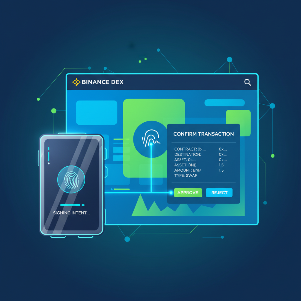 sleek futuristic wallet signing crypto intent on Binance DEX screen, neon blues and greens