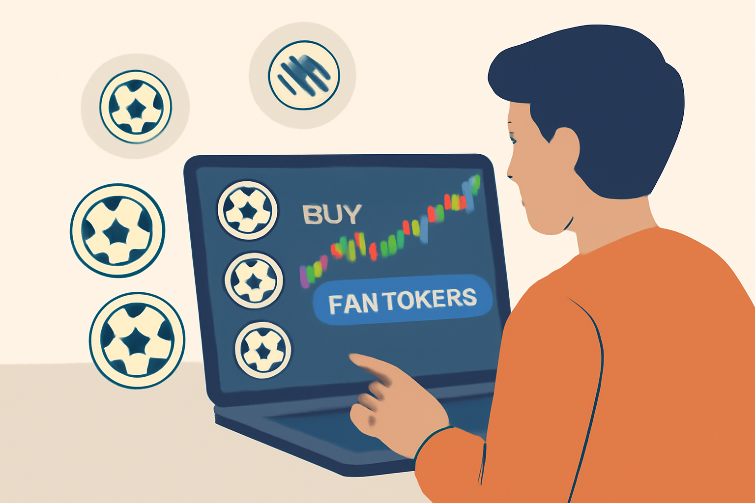A person buying soccer fan tokens on a digital trading platform, with price charts and soccer club logos visible.