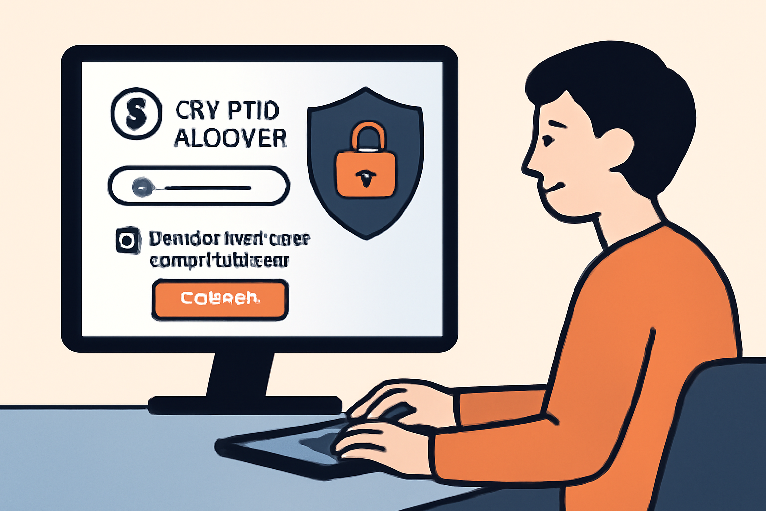 A person setting up a crypto account on a computer, enabling two-factor authentication, with a shield and lock symbol for security.