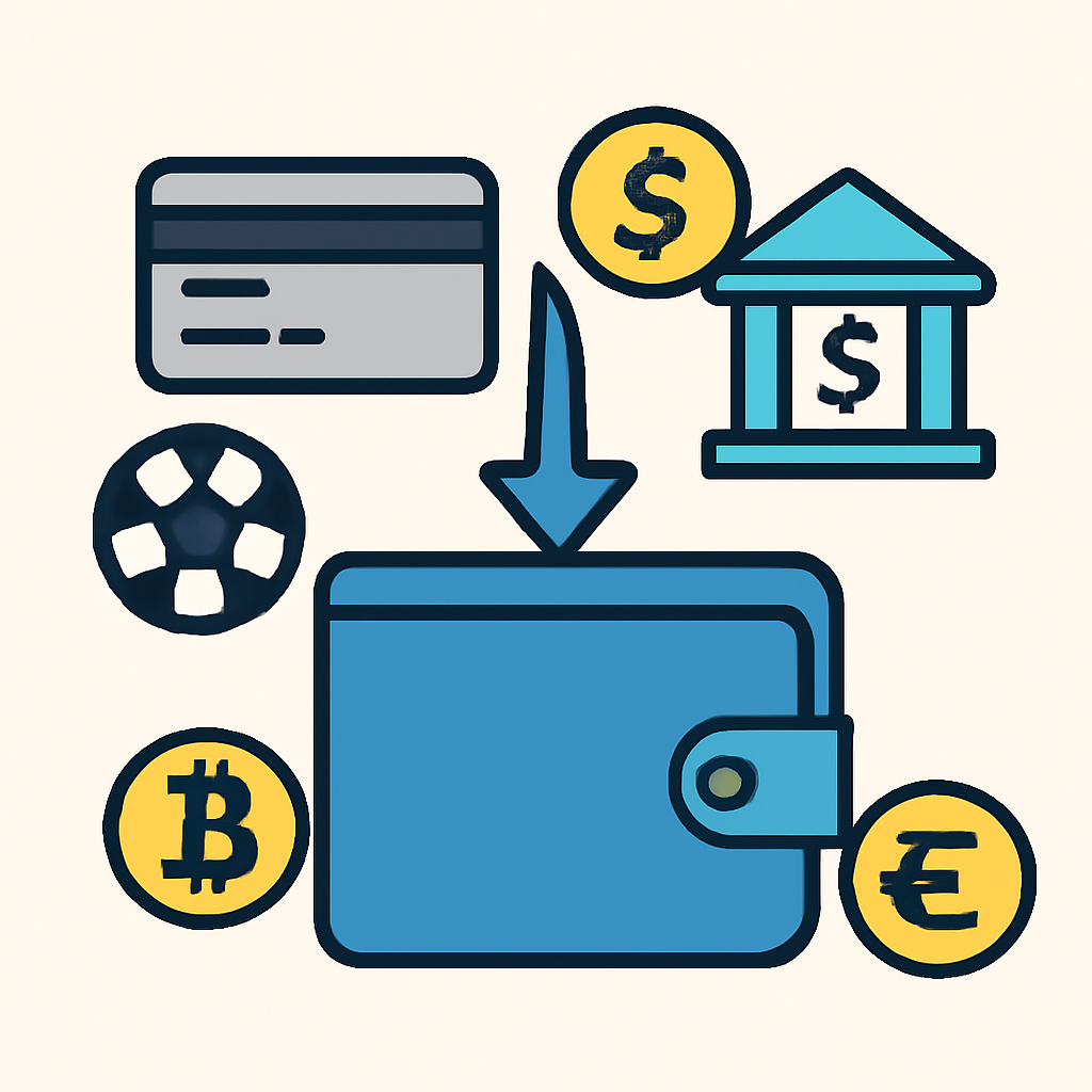 A digital wallet receiving funds from a bank card and bank, with soccer tokens and currency symbols around.