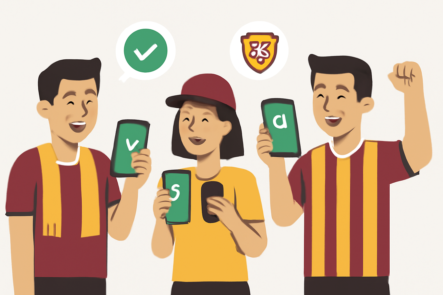 Fans using smartphones to vote and access exclusive soccer content, with club colors and happy faces.