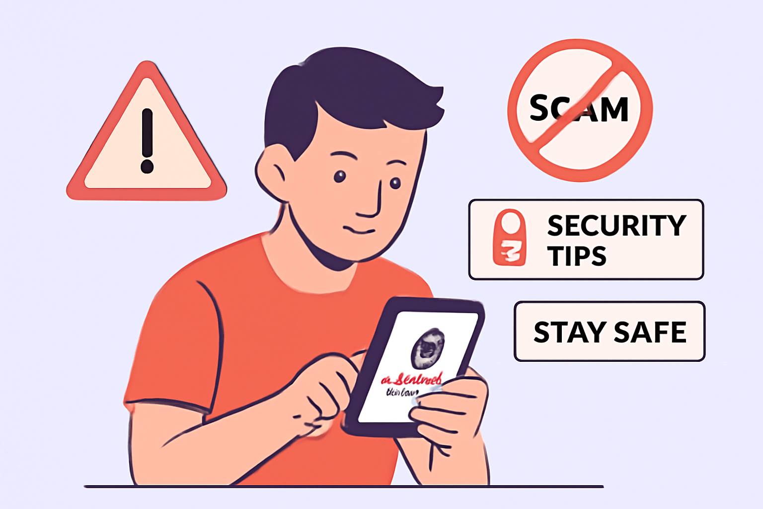 A fan reading official club news on a phone, with warning signs about scams and security tips in the background.