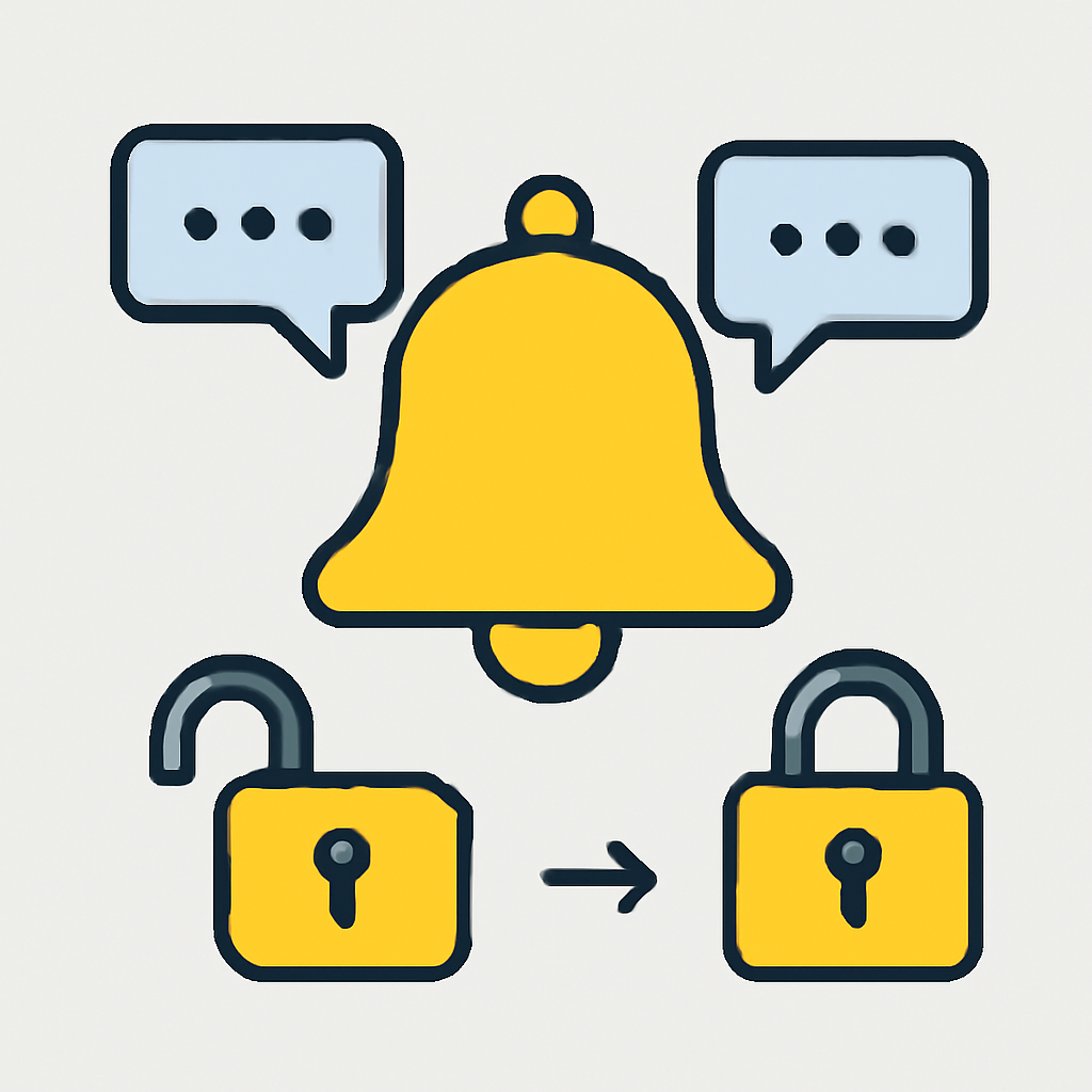 A notification bell with digital messages popping up, and a lock icon toggling between open and closed states.