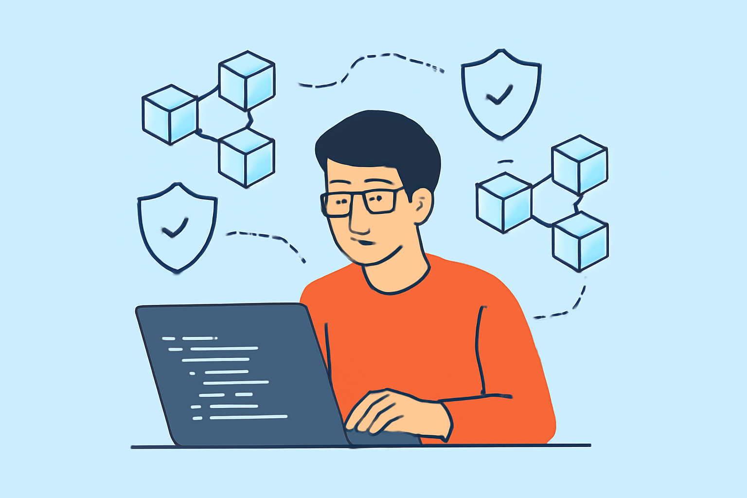 A developer coding a smart contract on a laptop with blockchain icons and security shields in the background.