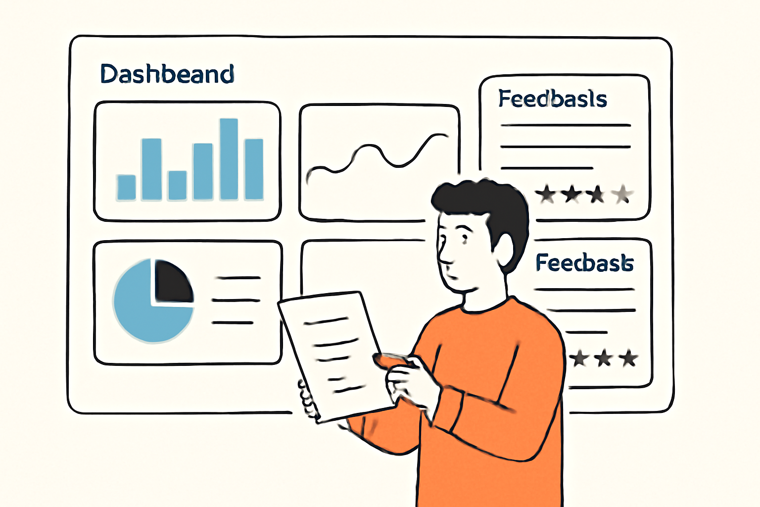 A dashboard with analytics charts and feedback forms, showing a team member reviewing user feedback and system performance.