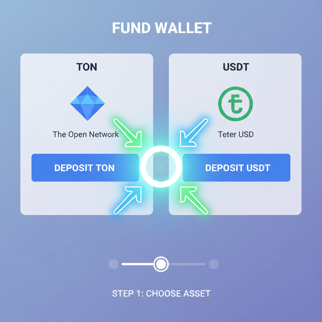 ton wallet funding screen with ton usdt deposit arrows glowing
