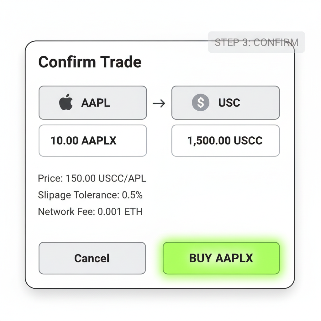dex trade confirmation screen aaplx buy button highlighted neon green