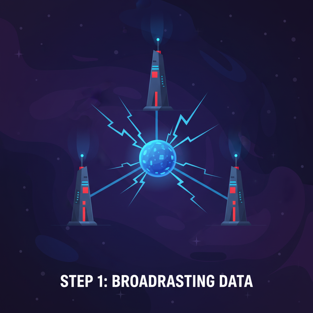 event data broadcasting to multiple relay towers, lightning fast signals, dark sci-fi