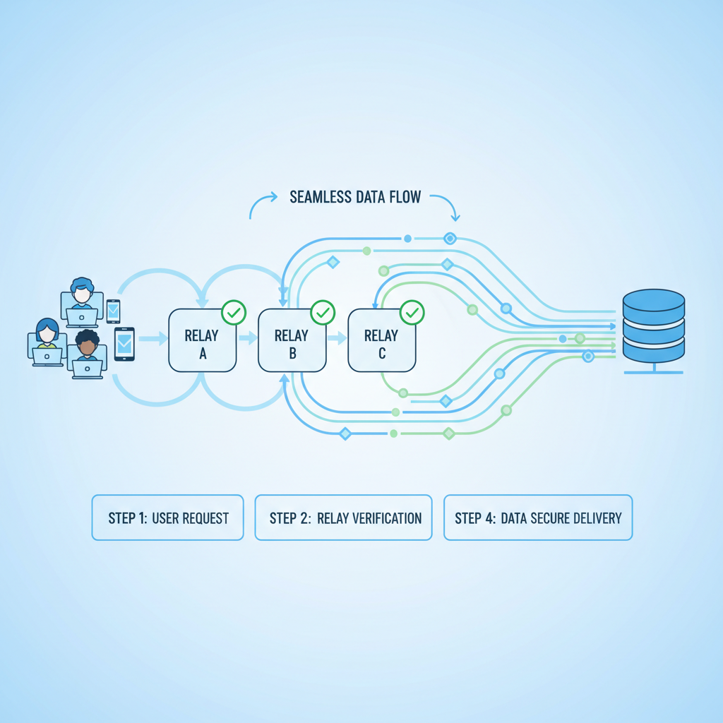 user clients pulling data from relays, verified checkmarks, seamless flow network