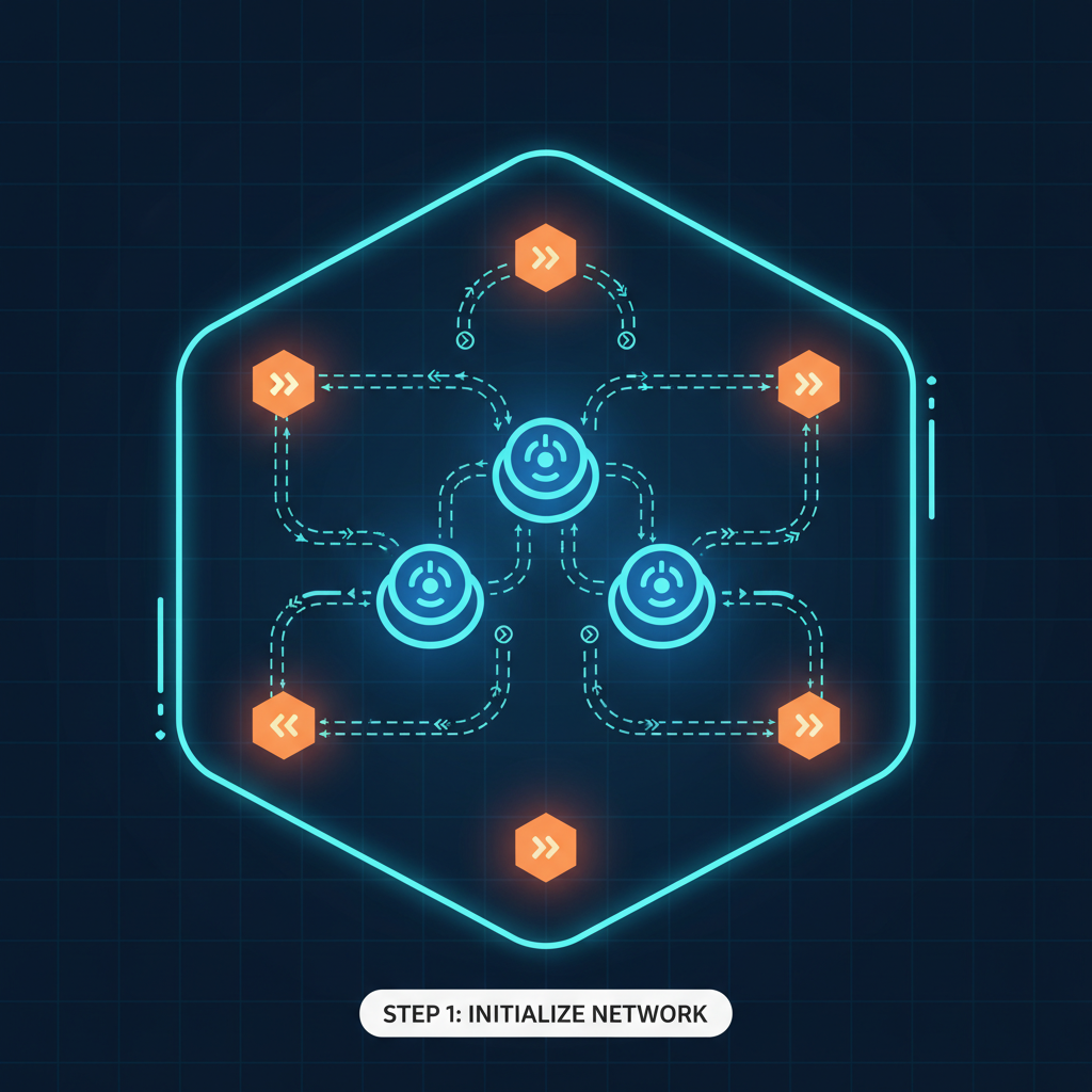 network of glowing relay servers connected by data streams, decentralized nodes, futuristic grid