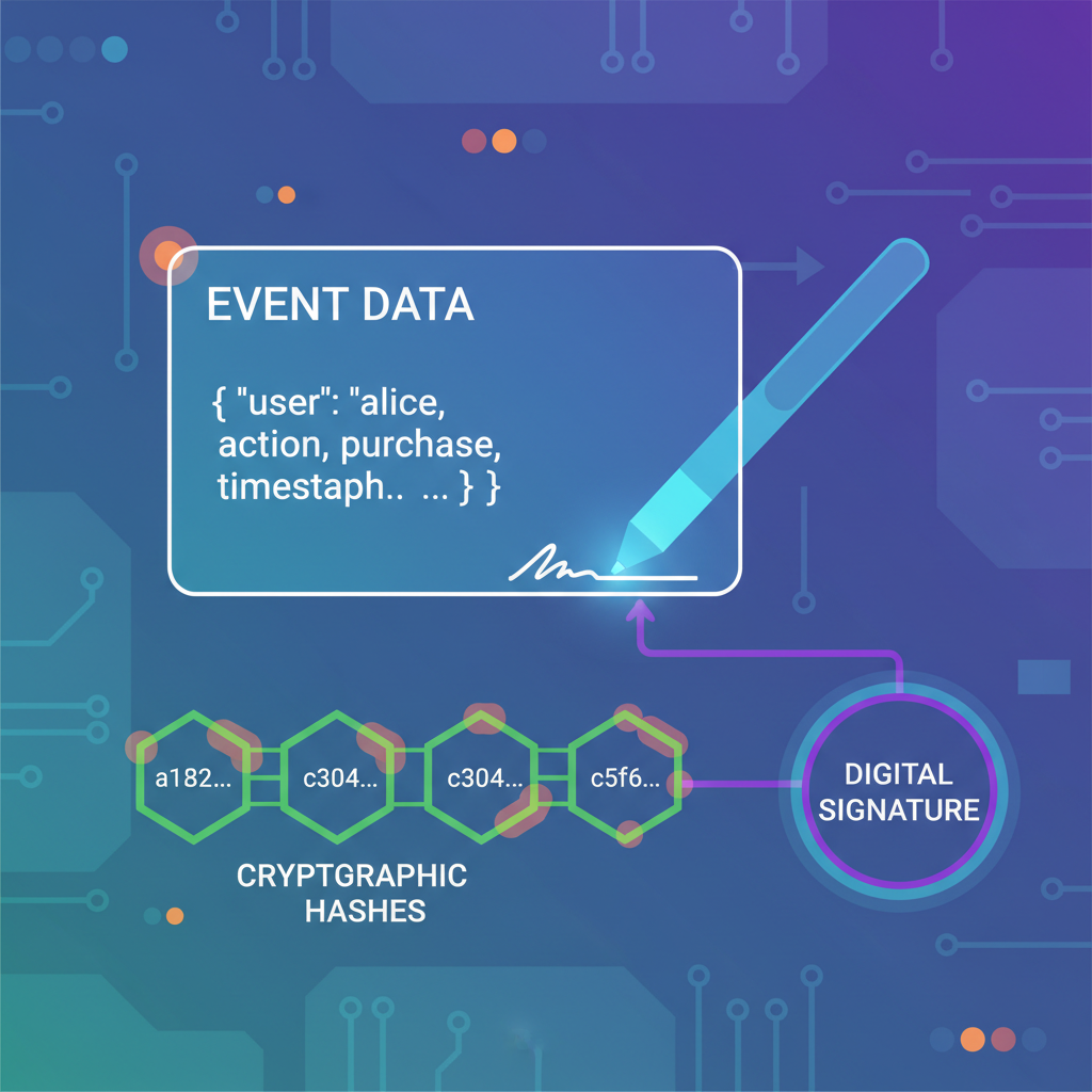 JSON event being signed with digital pen, cryptographic hashes glowing, tech abstract
