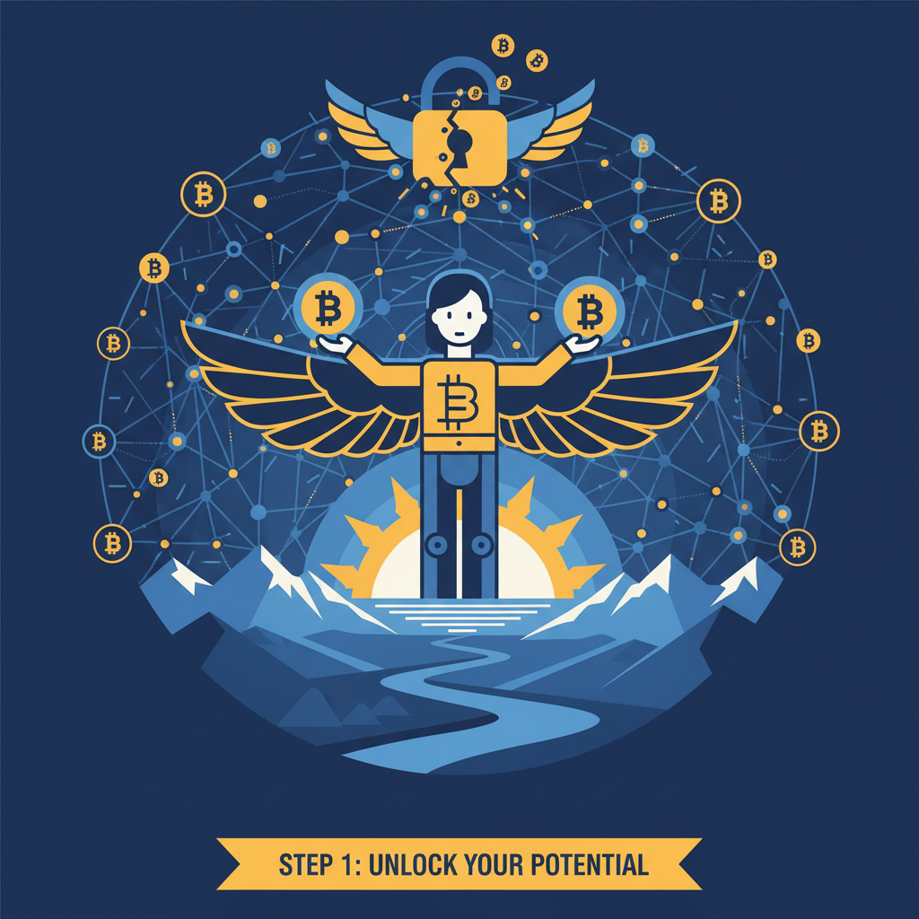 empowered user in vast decentralized network, Bitcoin symbols, freedom wings, epic vista