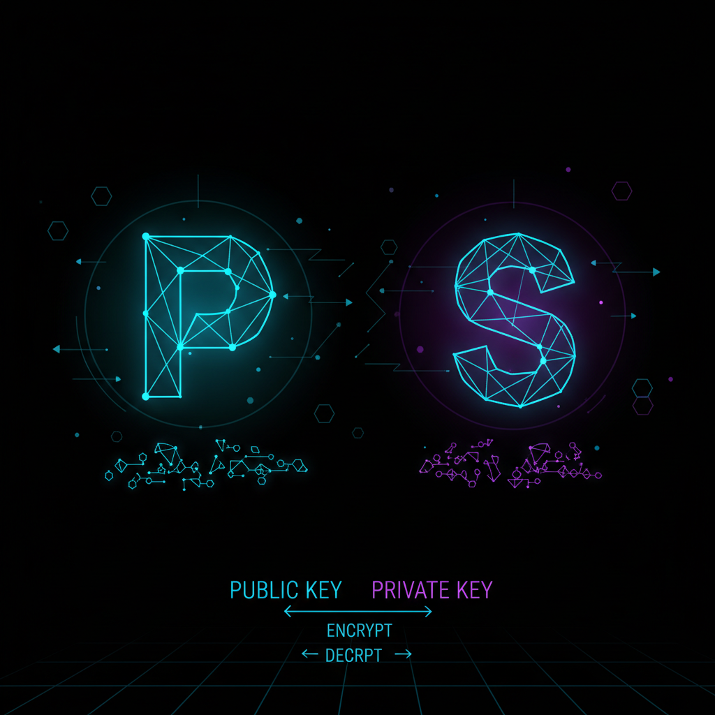 glowing public private crypto keys floating in digital space, cyberpunk neon blues, minimalist