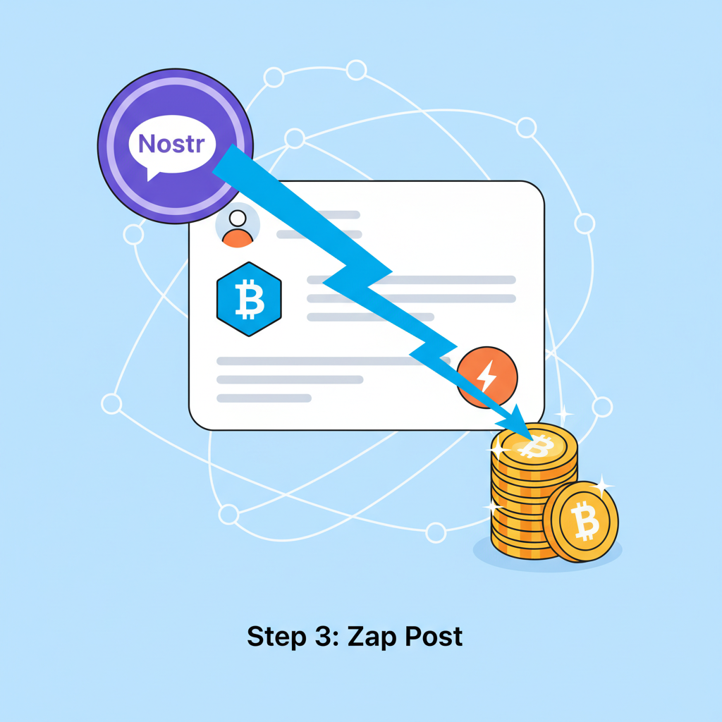 Bitcoin lightning zap striking a Nostr post, electric blue bolts, crypto social feed