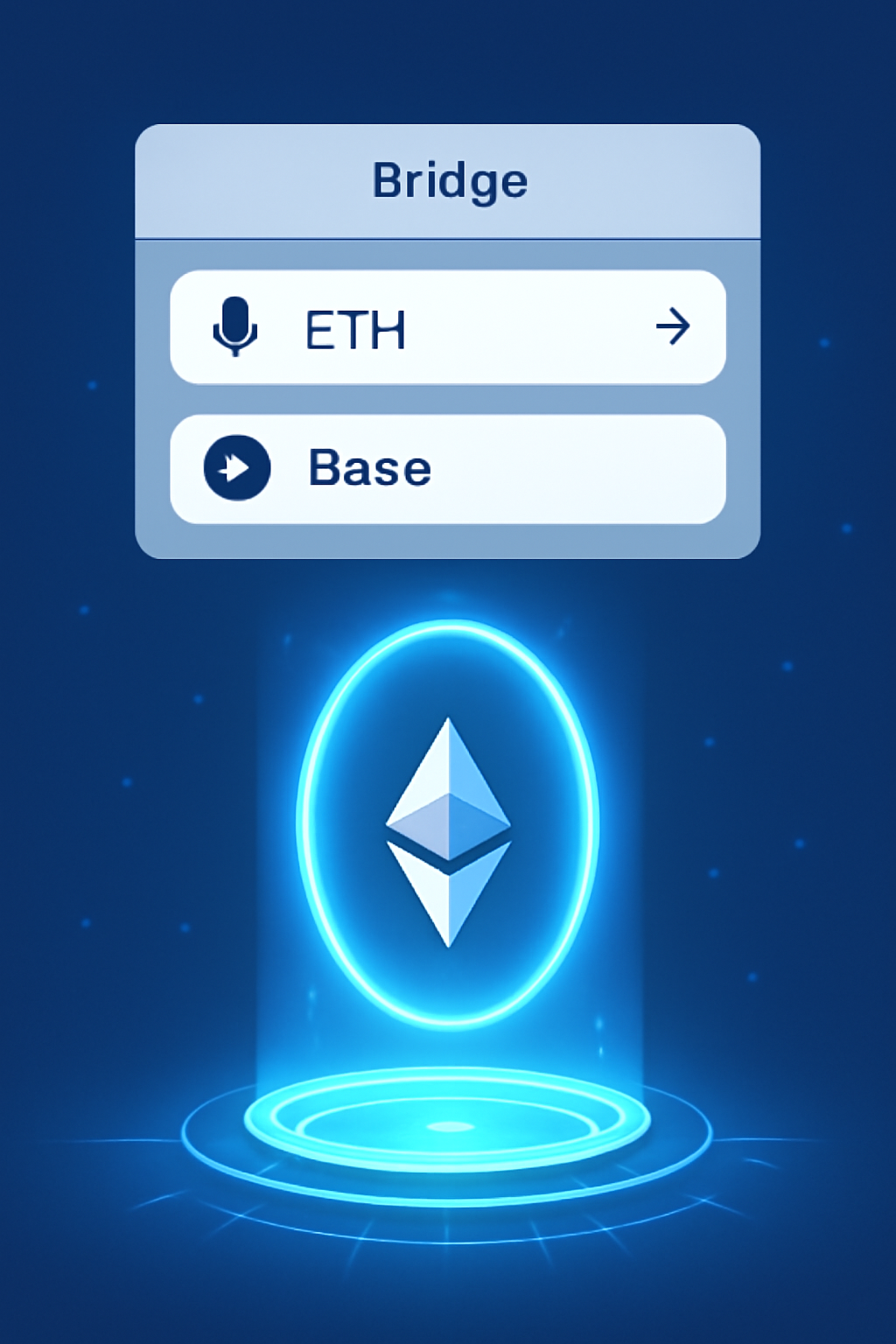Ethereum to Base bridge interface, glowing portal transferring ETH, futuristic blockchain graphic