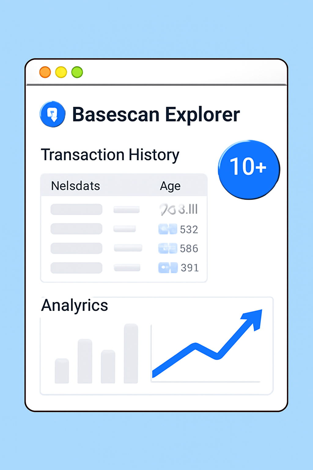 Basescan explorer showing transaction history, 10+ tx badges, analytical crypto chart